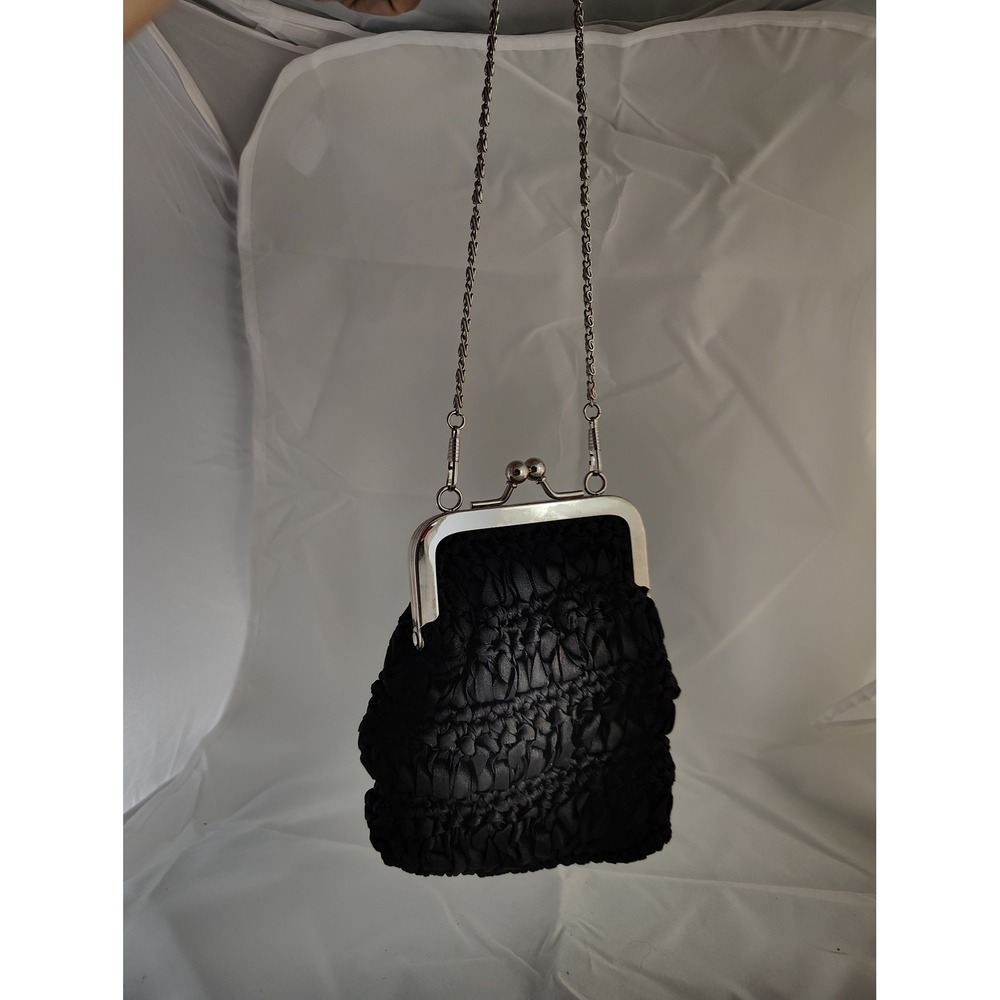 Black Ruched Kiss Lock Frame‎ Evening Bag Chain Strap Clutch Purse
